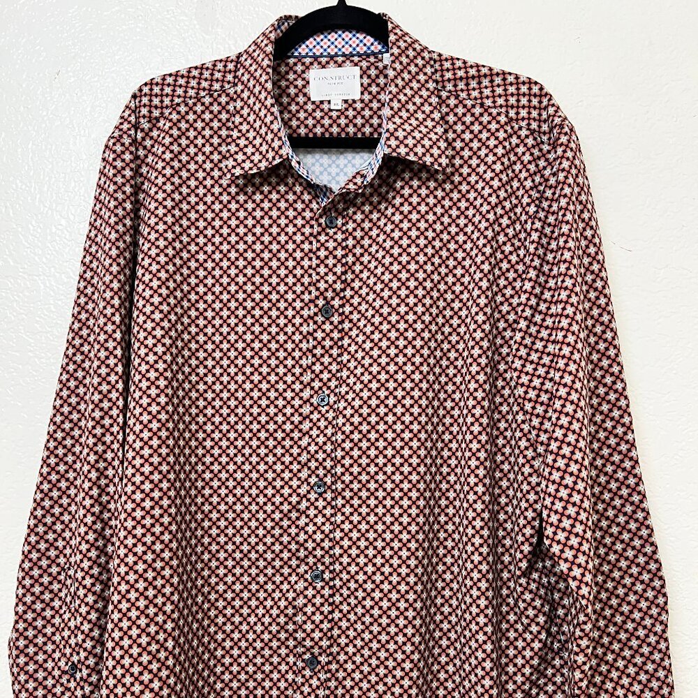 Con.Struct Slim Fit 4 Way Stretch Brown Print Button Down Flip Cuff Shirt XL
